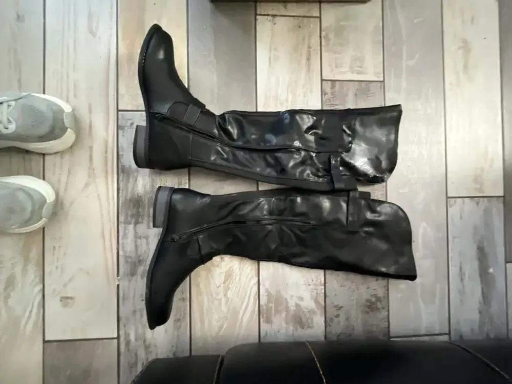 Black Over-the-Knee Riding Boots with Buckle Straps and Side Zippers